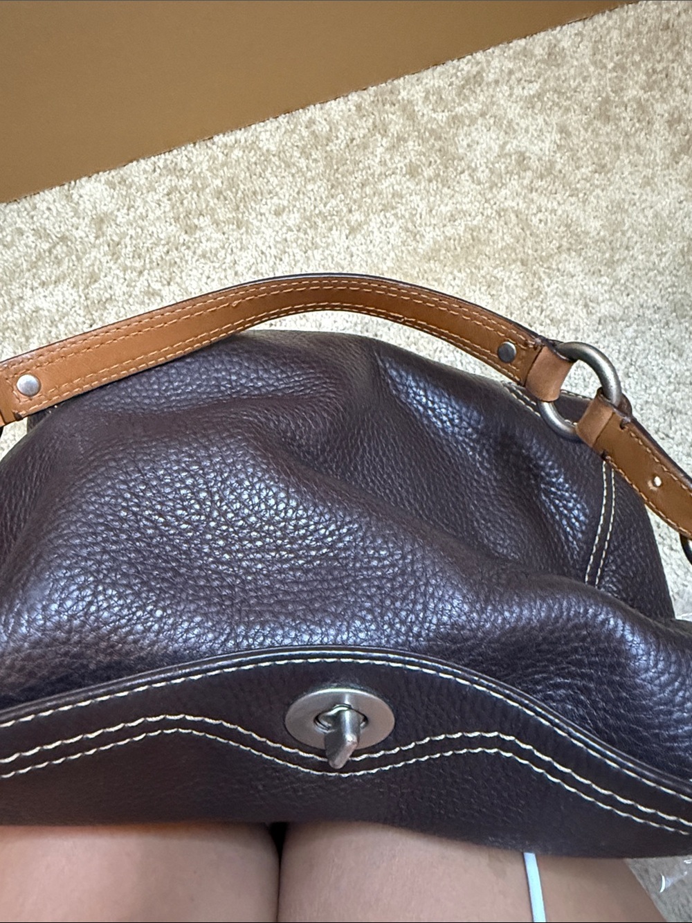 Coach Brown Pebbled Chelsea Leather Shoulder Bag with Contrast Stitching - Picture 5 of 11